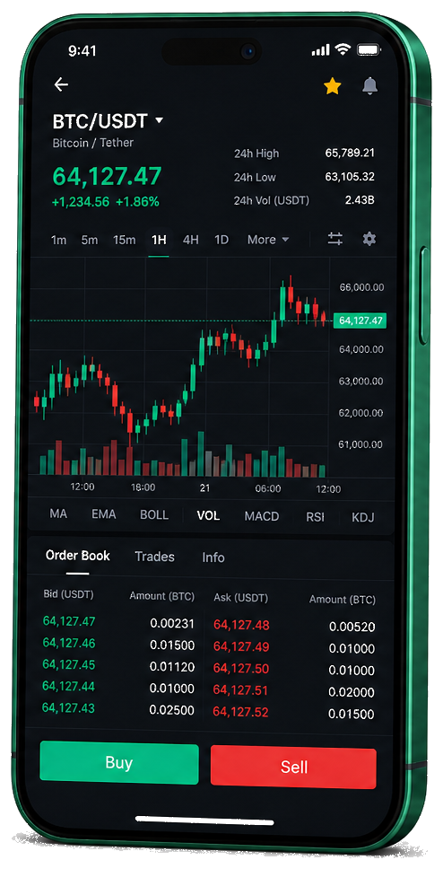 Interface mobile de trading Rendéscelle — cours BTC/USDT en temps réel, carnet d’ordres et outils de suivi des transactions